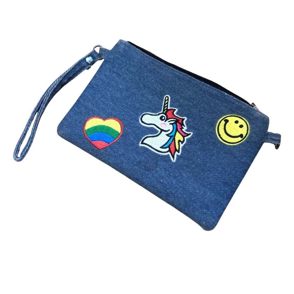 Blue Denim Wristlet Pouch Unicorn Rainbow Heart Smiley Glitter Sparkle Bag Y2K‎